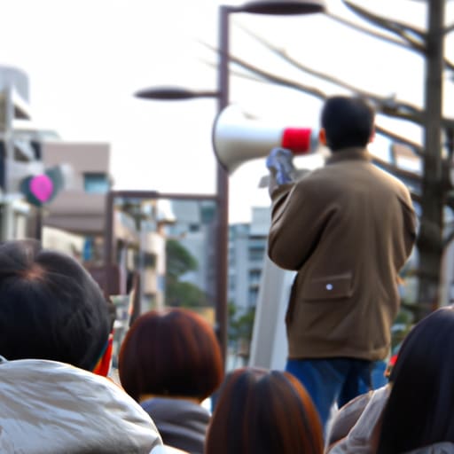 a person on a street with a loudspeaker talking to an audience