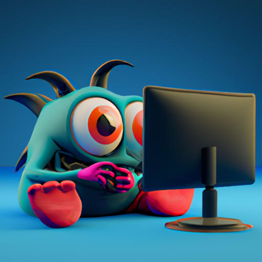 A super cute monster looking at a computer watching a video