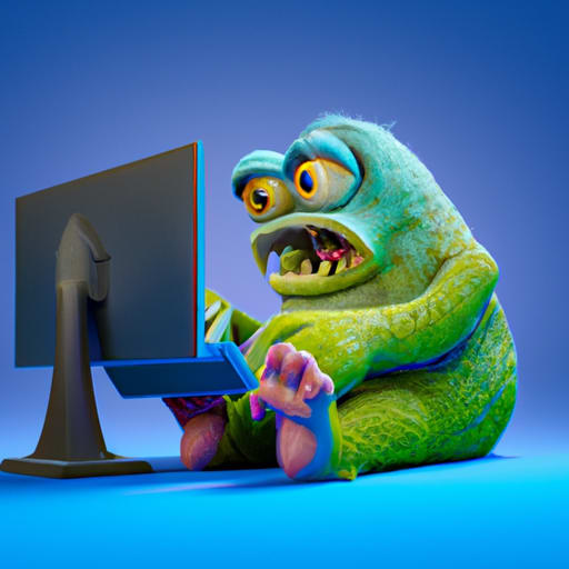 cute monster looking at a computer