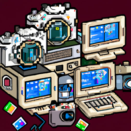 a computer with lots of cameras spilling out of it