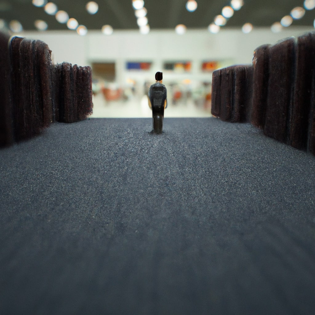 a man walking into a large conference hall looking at a trade show , that is deep and wide, made to look beautiful. High resoloution photograph, 8k, 4k, detailed