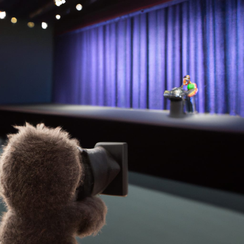 a man with a video camera, fillming people on a stage a large conference hall, that is deep and wide, made to look beautiful. High resoloution photograph, 8k, 4k, detailed