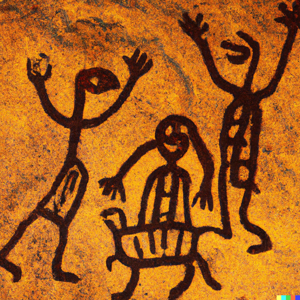DALL·E 2023-03-06 10.42.46 - People laughing at a computer. Style_ traditional cave painting. Colours_ brown, red, yellow,
