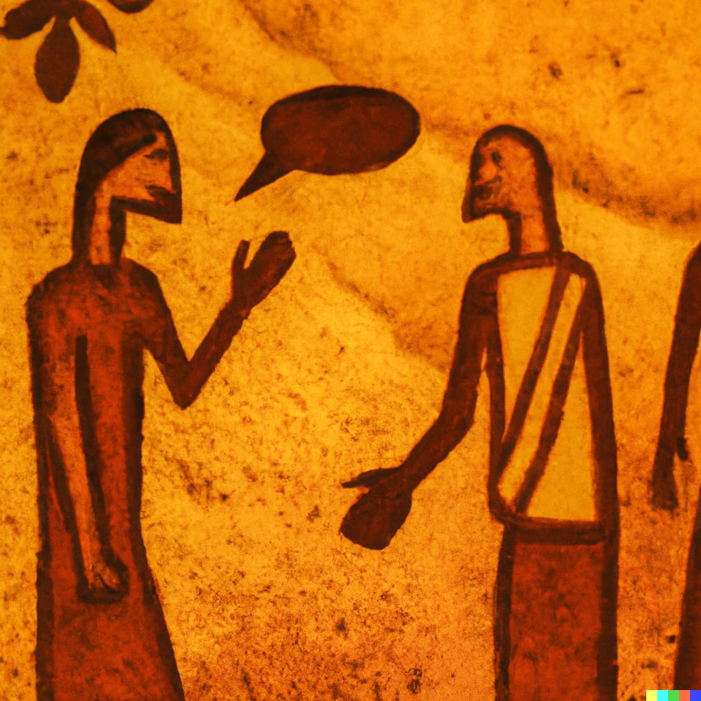 DALL·E 2023-03-06 10.48.06 - people talking . type_ cave painting, painting. Style_ traditional, old, art. Colours_ brown, yellow. Lighting_ red hues, soft