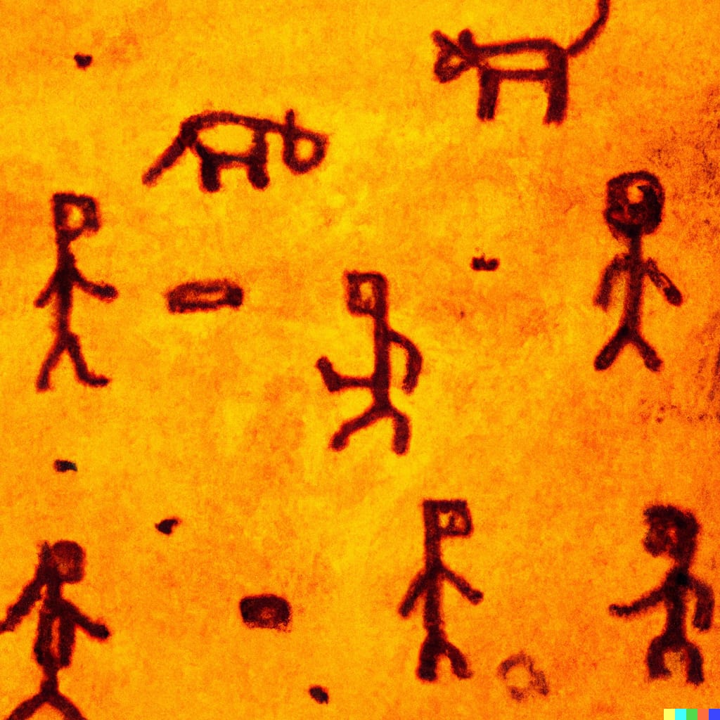 DALL·E 2023-03-06 10.50.26 - people playing games. type_ cave painting, painting. Style_ traditional, old, art. Colours_ brown, yellow. Lighting_ red hues, soft