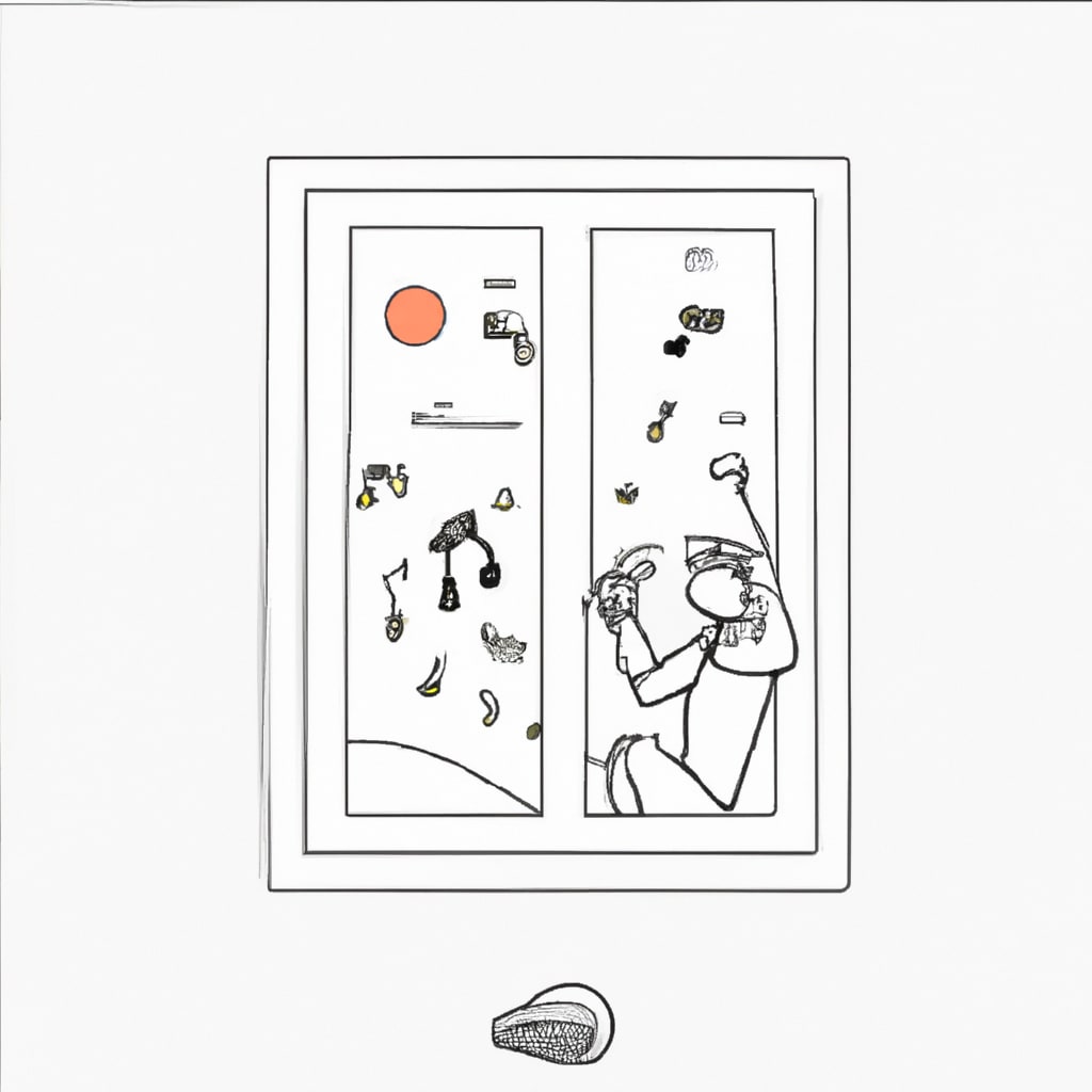a man talking on a phone, looking through a window and seeing musical notes floating on the wind