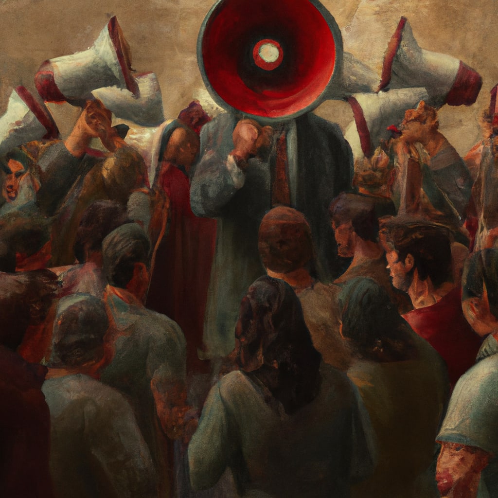 In a Renaissance art style,roman art style, oil painting, epic, high qualty, amazing, beautiful, 4k, high resolution, stunning.
An image of a person talking to a group of people through a megaphone