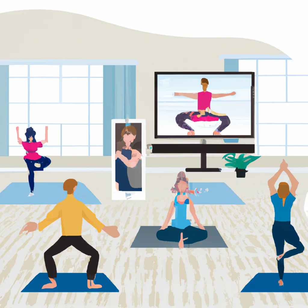 a group of people attending a virtual yoga class online, with eveyone excited about what they are seeing