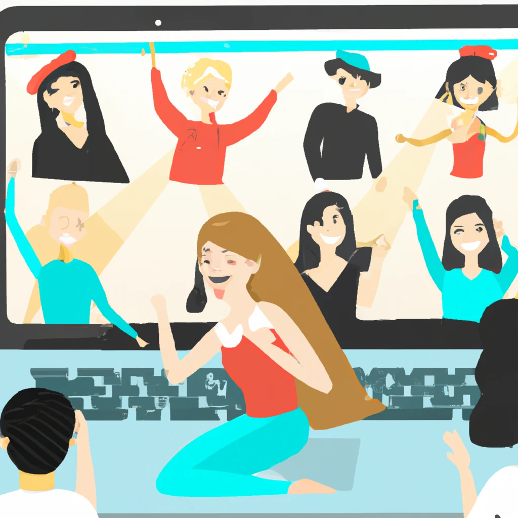 a group of people attending a virtual talent show online, with eveyone excited about what they are seeing