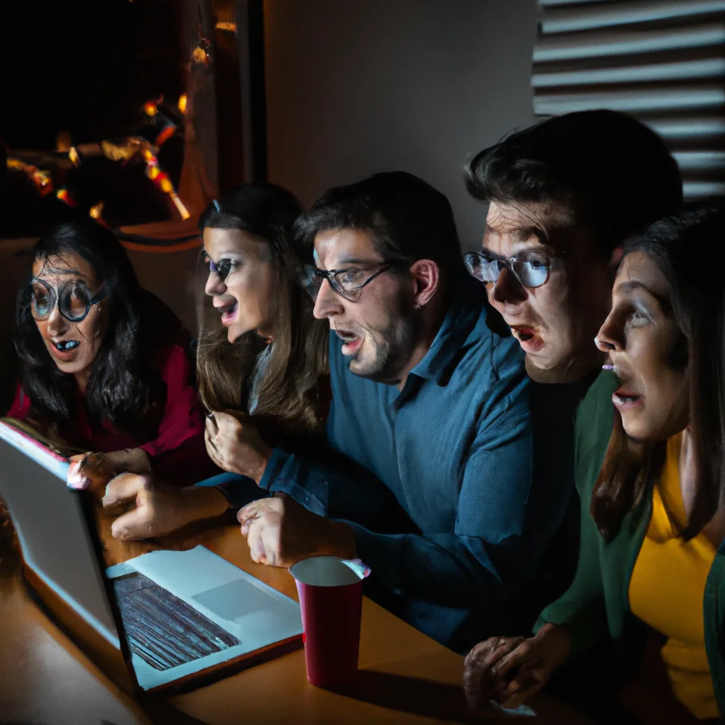 a group of people attending a virtual movie night online, with eveyone excited about what they are seeing
