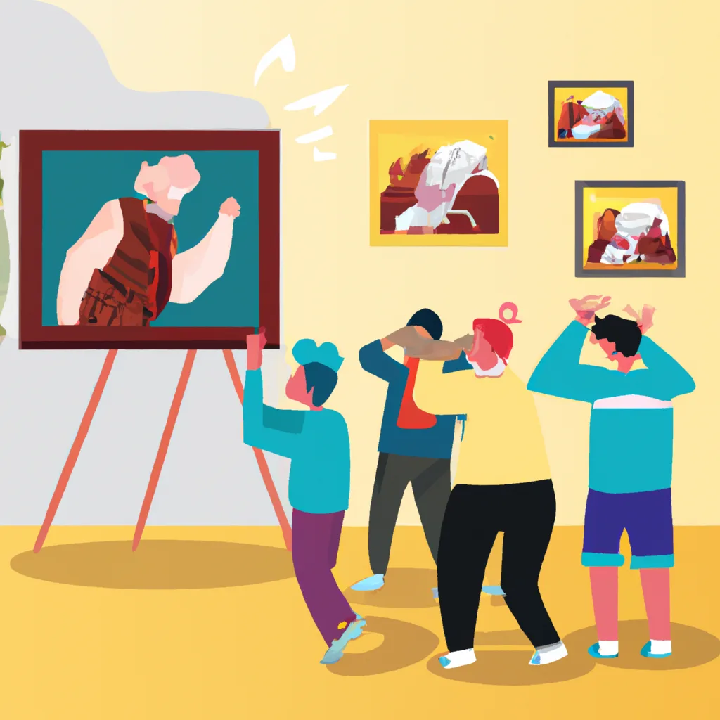 a group of people attending a virtual art exhibition online, with eveyone excited about what they are seeing