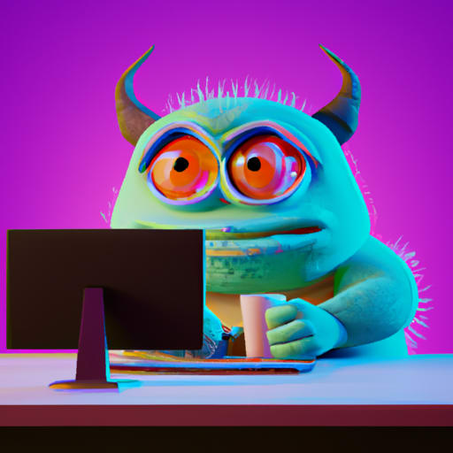 a 3d render, high resolution, ultra high definition, 8k, unreal engine, character, on a single colour backtround, 3d, depth, studio lighting. A super cute monster looking at a computer watching a youtube video