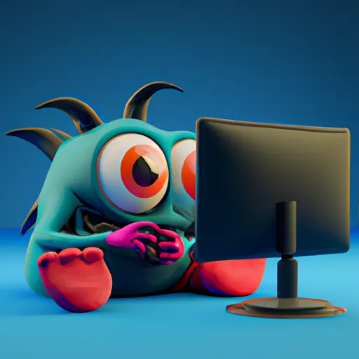A super cute monster looking at a computer watching a video