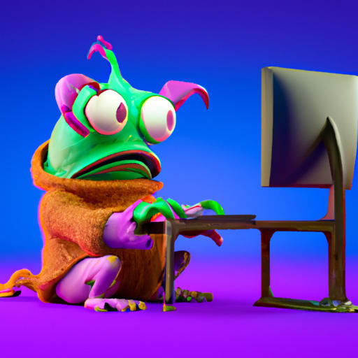 super cute monster looking at a computer watching a video