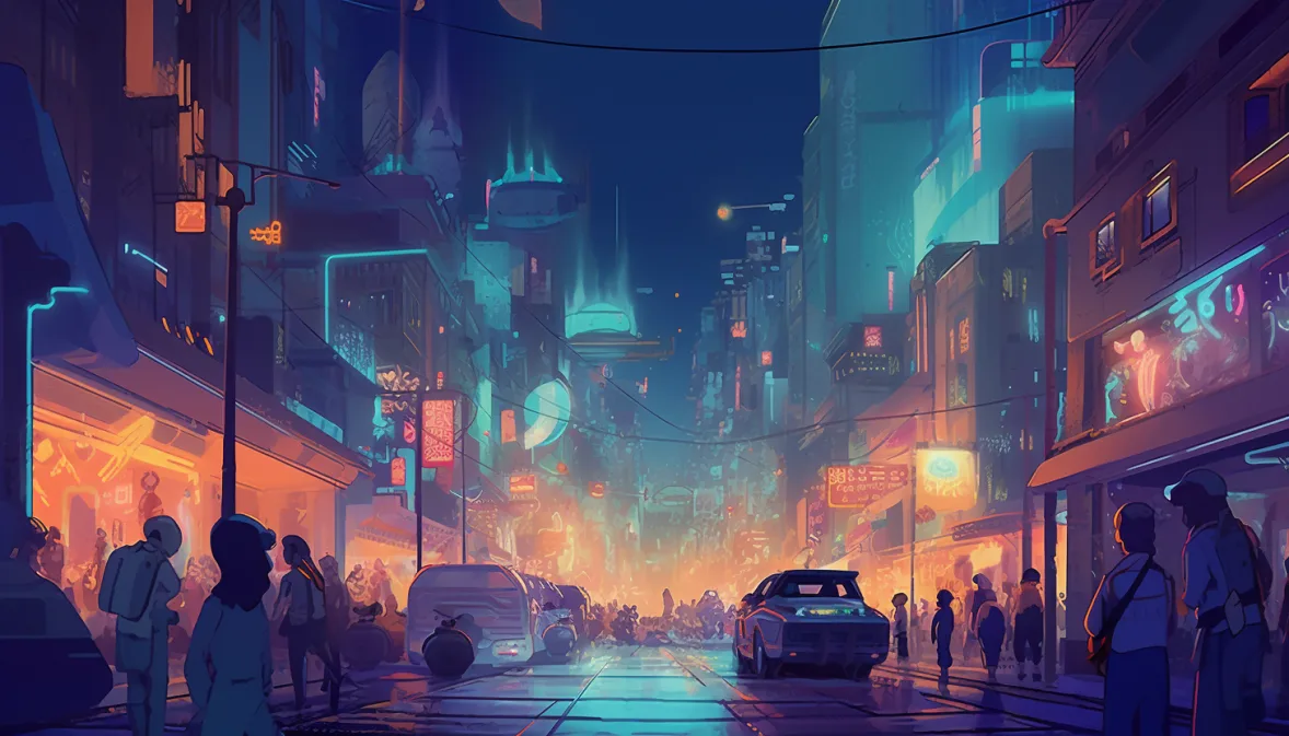 A futuristic, glowing cityscape with banners showcasing the success of a hybrid event, attended by an array of humans, animals, and robots.