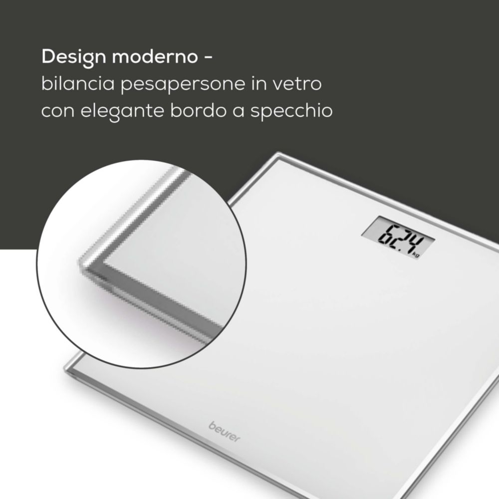 Beurer GS 11 Bilancia Da Bagno In Vetro Digitale - Pesa Fino A 150 Kg - Display LED, Piedini Antiscivolo, Convalidata Clinicamente - Versione 755.86, Dimensioni 30x30x2,1 Cm