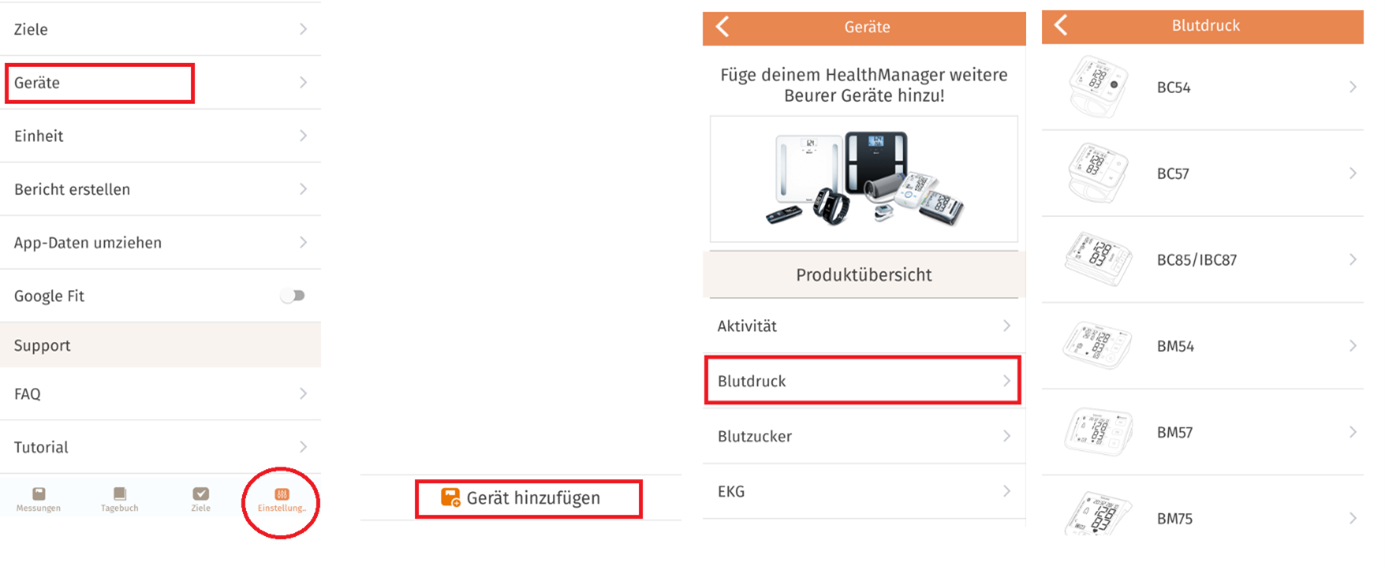 Einbinden des Blutdruckmessgeräts in den HealthManager