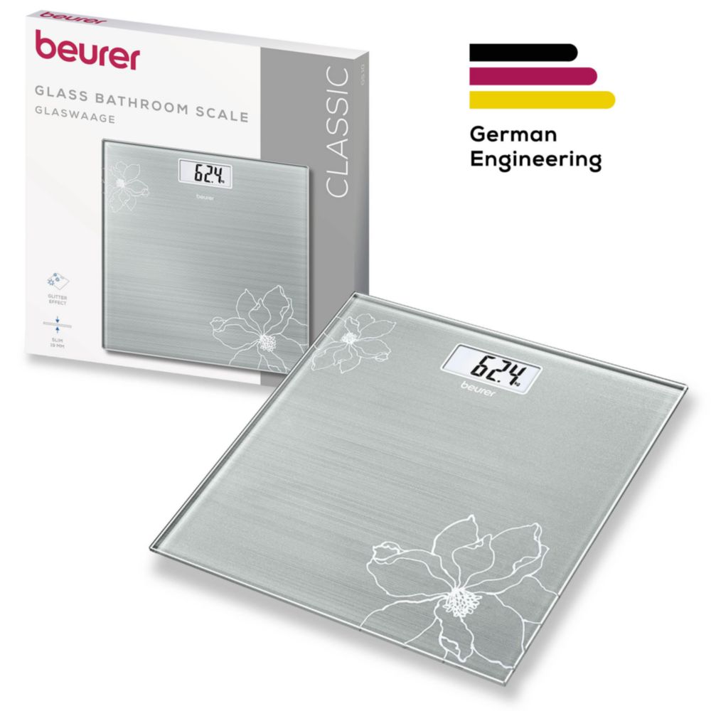 Beurer GS 11 Bilancia Da Bagno In Vetro Digitale - Pesa Fino A 150 Kg - Display LED, Piedini Antiscivolo, Convalidata Clinicamente - Versione 755.86, Dimensioni 30x30x2,1 Cm