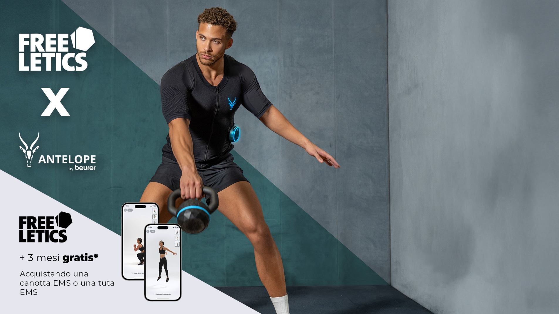 Un uomo atletico esegue degli swing con kettlebell in palestra. Indossa la tuta EMS di Antelope. Nell'immagine è riportata la scritta “Freeletics x Antelope” e + 3 mesi di Freeletics gratis con l'acquisto di una canotta EMS o di una tuta EMS.