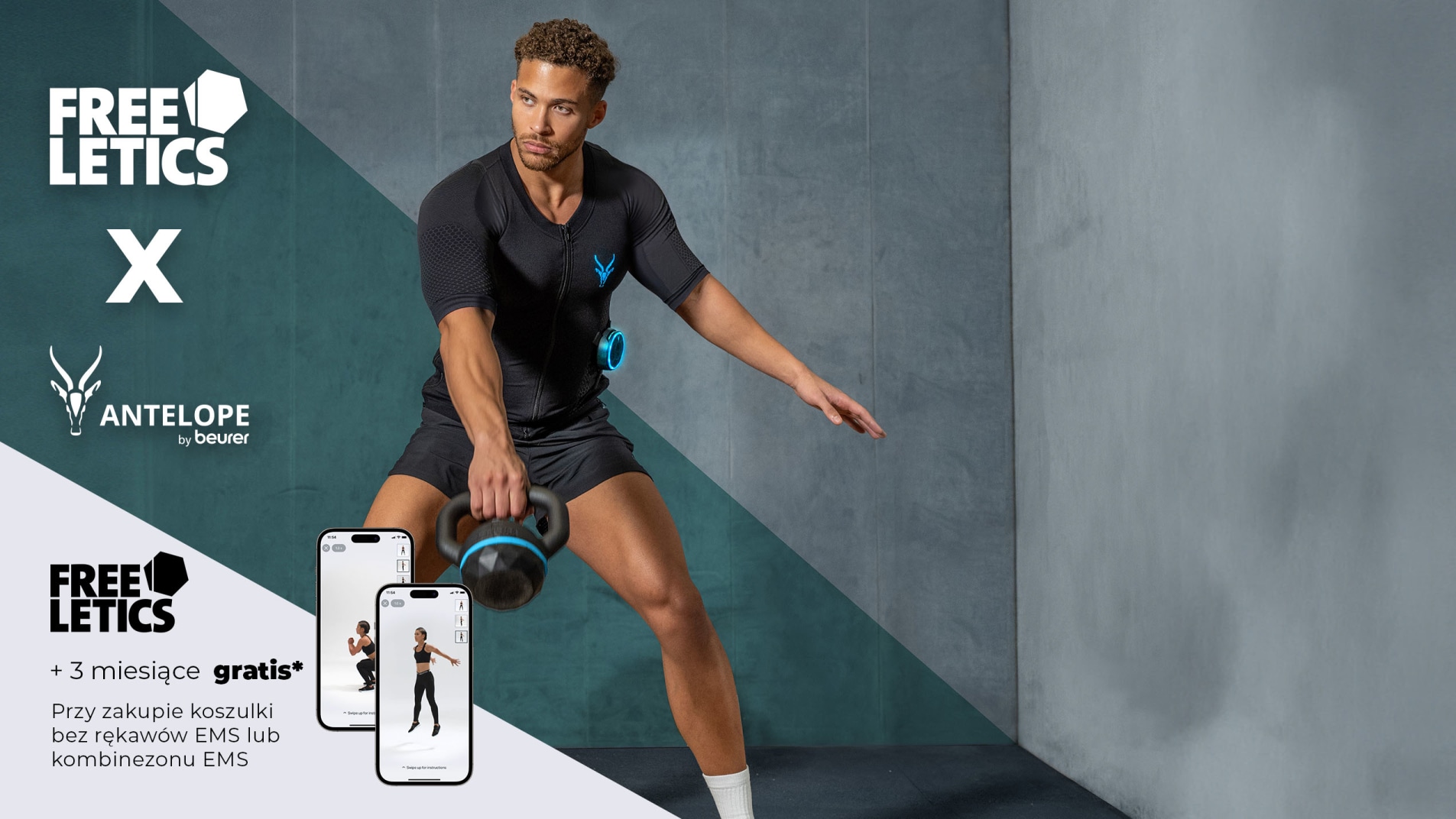 Sportowiec wykonuje ćwiczenia z kettlebellami na siłowni. Ma na sobie kombinezon EMS marki Antelope. Na zdjęciu widnieje napis „Freeletics x Antelope” oraz informacja o 3 miesiącach bezpłatnego dostępu do Freeletics przy zakupie koszulki bez rękawów EMS lub kombinezonu EMS.