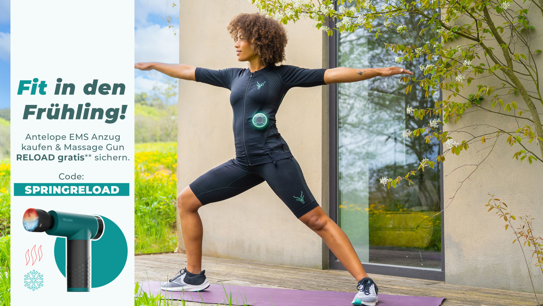 Ein sportlicher Mann und eine Frau machen Outdoor Sport draußen im Grünen. Sie tragen den EMS Anzug von Antelope. Im Bild steht „Erhalte die Antelope RELOAD Massage Gun gratis beim Kauf eines EMS Anzuges mit dem Code SPRINGRELOAD.