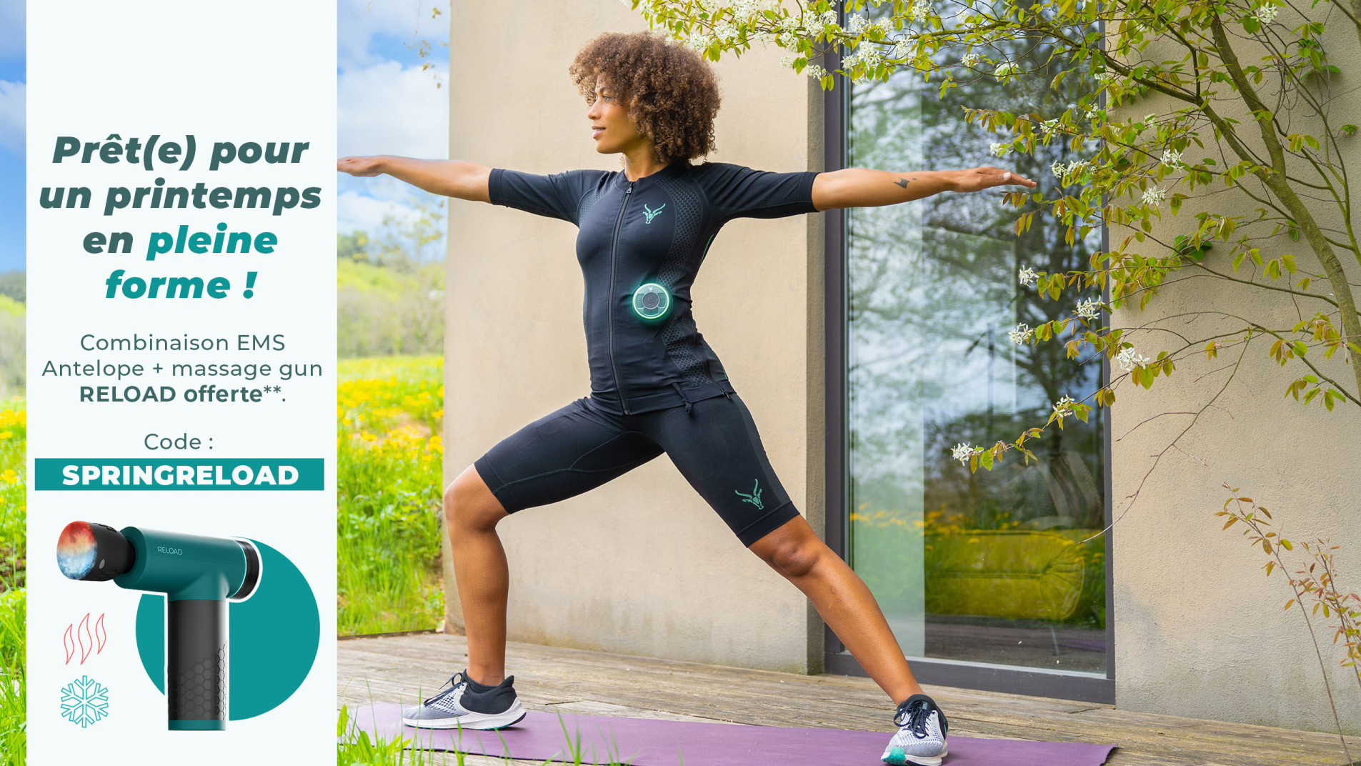 Un homme sportif et une femme font du sport en plein air, en pleine nature. Ils portent la combinaison EMS d’Antelope. Sur l’image, il est écrit : « Reçois le pistolet de massage Antelope RELOAD gratuitement à l’achat d’une combinaison EMS avec le code SPRINGRELOAD. »