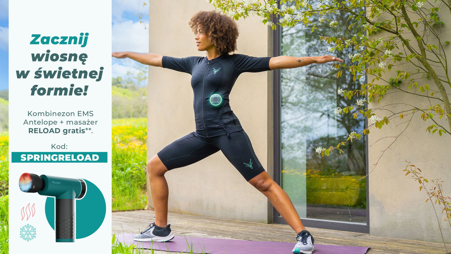 Wysportowany mężczyzna i kobieta uprawiają sport na świeżym powietrzu, w otoczeniu natury. Mają na sobie strój EMS marki Antelope. Na obrazie widnieje napis: „Odbierz pistolet do masażu Antelope RELOAD gratis przy zakupie stroju EMS z kodem SPRINGRELOAD.”