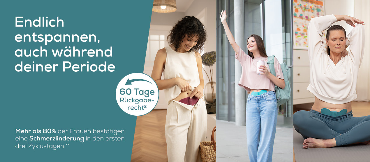 Beurer EM 55 Menstrual Relax Pad, drei Frauen, beige Farbtöne, entspannend, zarte Haut, bequeme Kleidung, Innenräume, 60 Tage Rückgaberecht