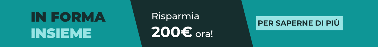 Banner promozionale con il testo ‘Diventa in forma insieme – Risparmia 200 € ora!’ e un pulsante con scritto ‘Scopri di più’.