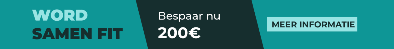 Promotiebanner met de tekst ‘Samen fit worden – Bespaar nu 200 €!’ en een knop met de tekst ‘Meer weten’.