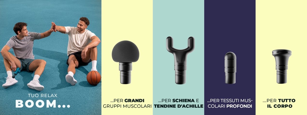 Una foto mostra la pistola per massaggi BOOM di Antelope e i suoi vari accessori. Il BOOM di colore turchese è visibile a sinistra da davanti e a destra da dietro, con i vari accessori e le loro funzioni spiegate di seguito. Lo sfondo è caratterizzato da colori diversi e molto vivaci.