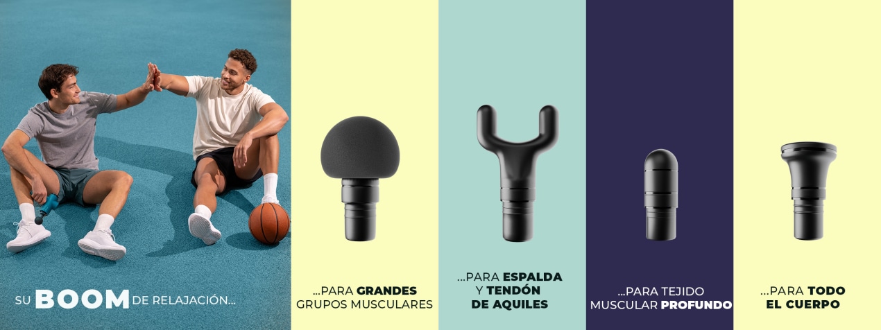 Una imagen muestra la pistola de masaje BOOM de Antelope y sus diversos accesorios. El BOOM de color turquesa se ve a la izquierda de frente y a la derecha de espaldas, con los distintos accesorios y sus funciones explicadas a continuación. El fondo tiene diferentes colores llamativamente brillantes.