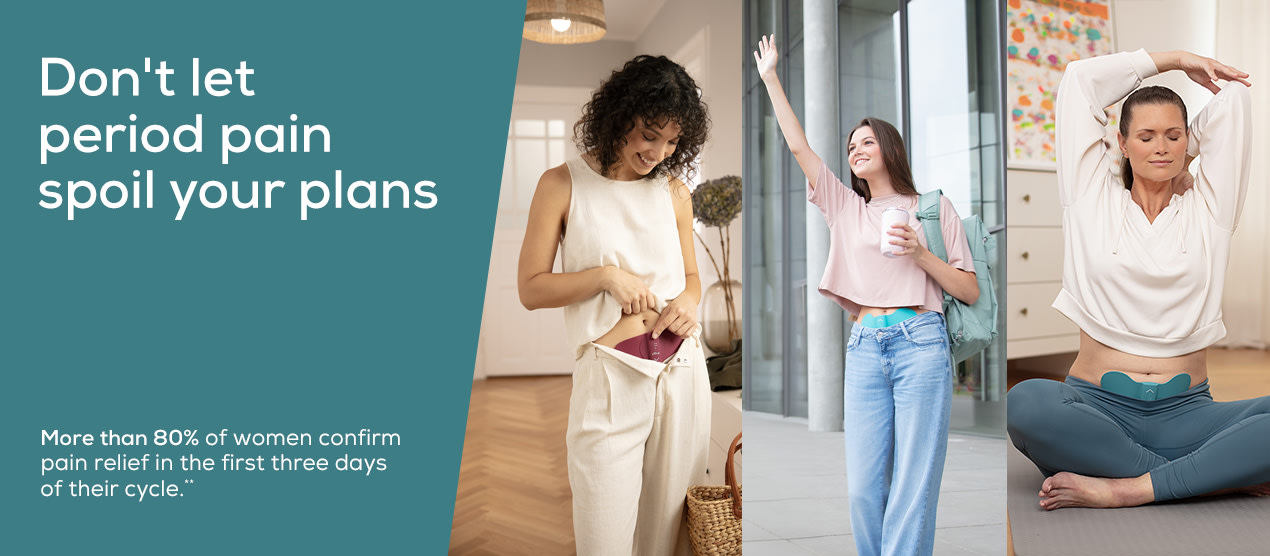 Beurer Mensutral Relax landingpage header banner showing 3 women using the mensutral relax in different scenes