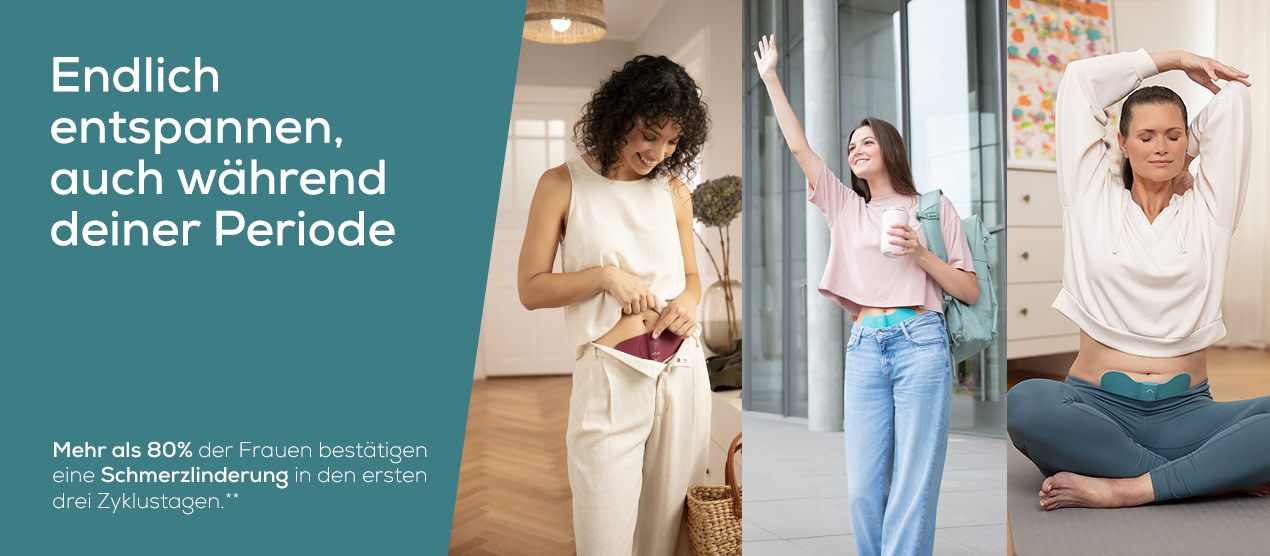 Beurer Mensutral Relax Landingpage Header-Banner mit 3 Frauen, die das Menstrual Relax in verschiedenen Szenen benutzen