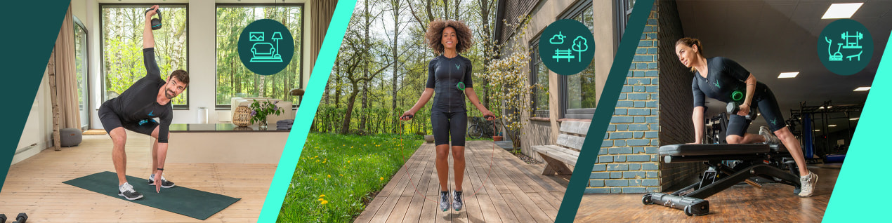 Three pictures next to each other. A young man is training at home, a young woman is training on a terrace and another woman is training in the gym.