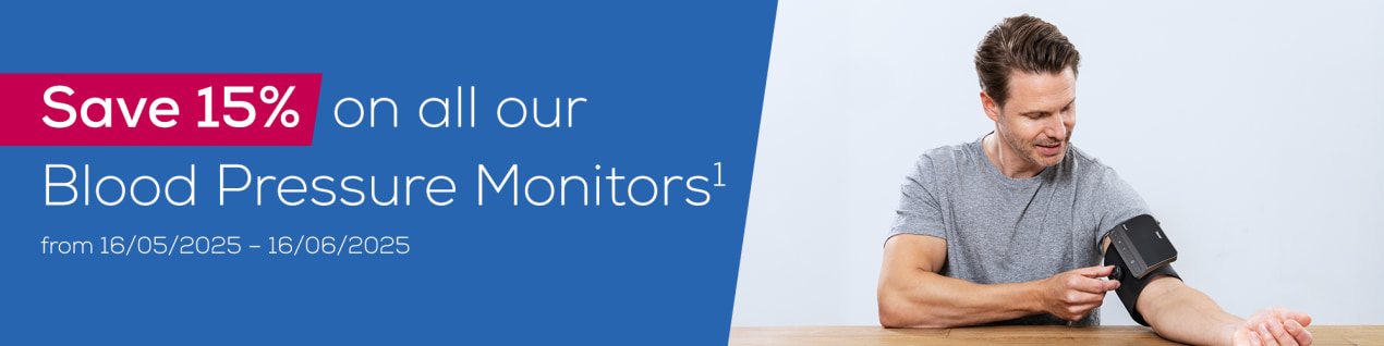 Sale promotion banner "Save 15% on all our Blood Pressure Monitors from 16/05/2025 - 16/06/2025" shows a man sitting at a table measuring his blood pressure with the Beurer BM 81 Upper Blood Pressure Monitor