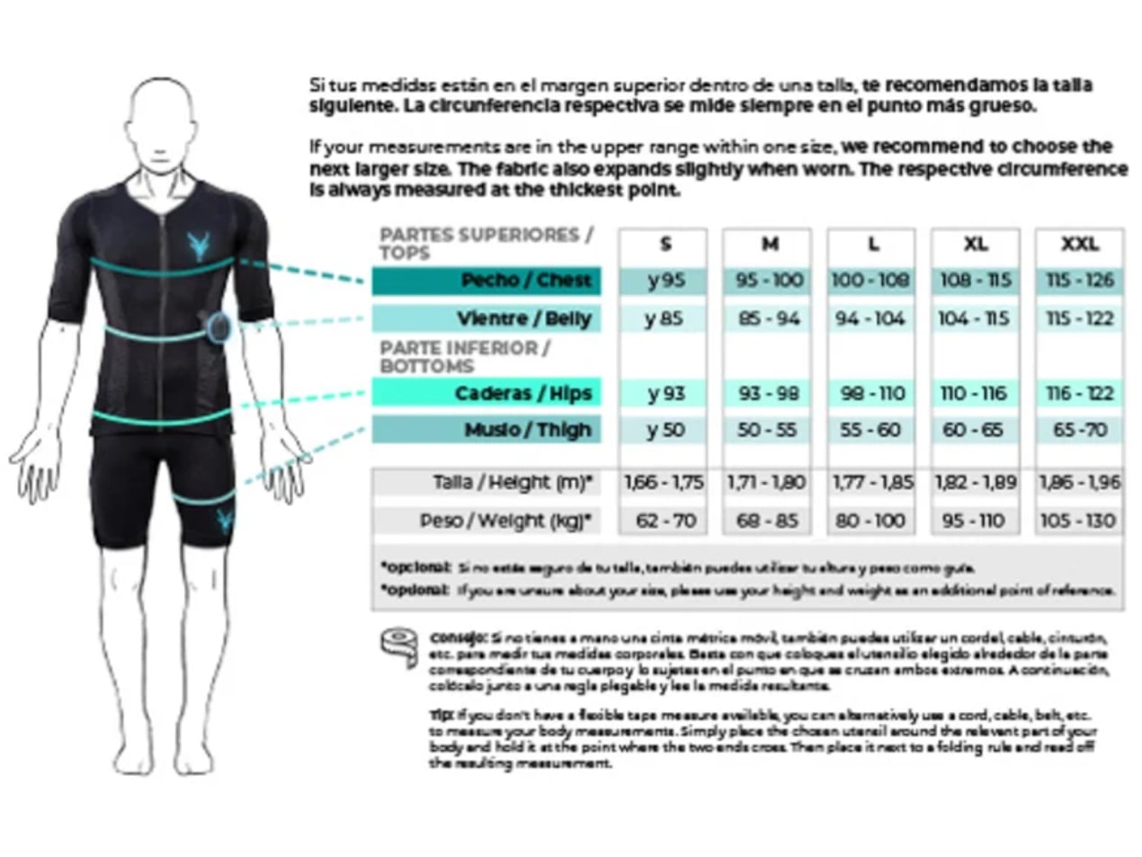Se muestra la tabla de tallas de los textiles EMS de Antelope para hombre.