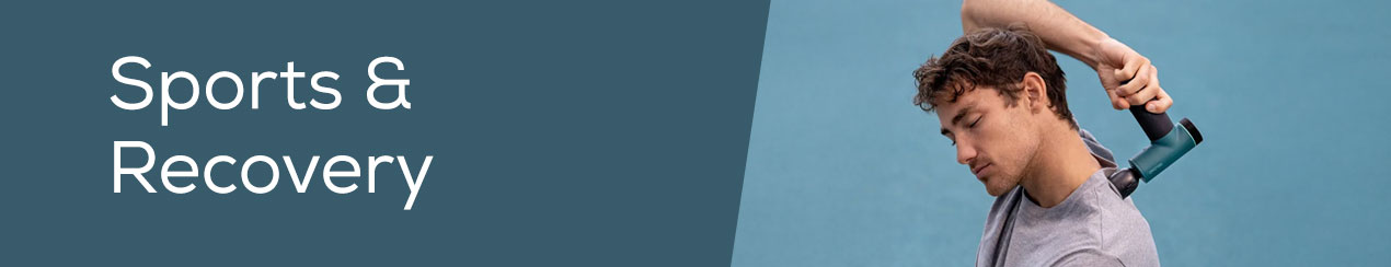 Banner for the “Sports & Recovery” section: man using the Beurer AMG 194 Reload massage gun on his shoulder for muscle relaxation