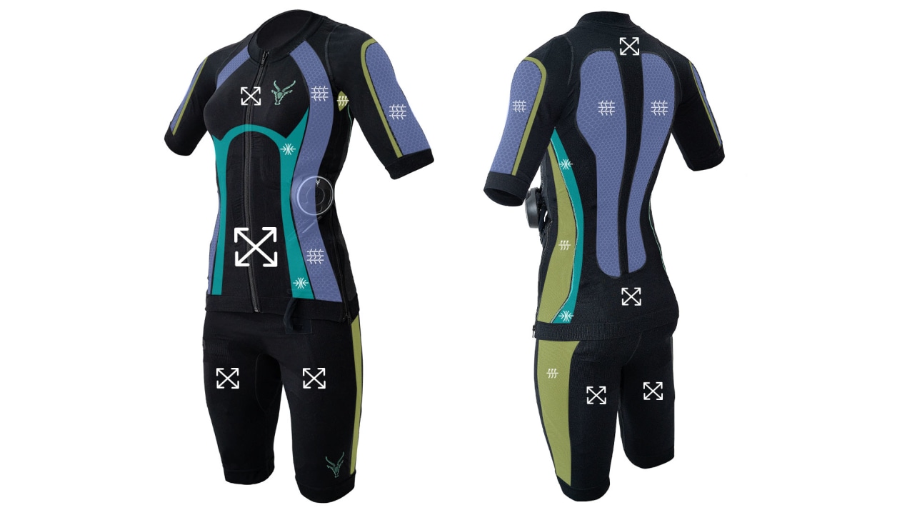 Graphic of Antelope's EMS suit for women. It shows the front and back of the suit, indicating where the functional zones are located.