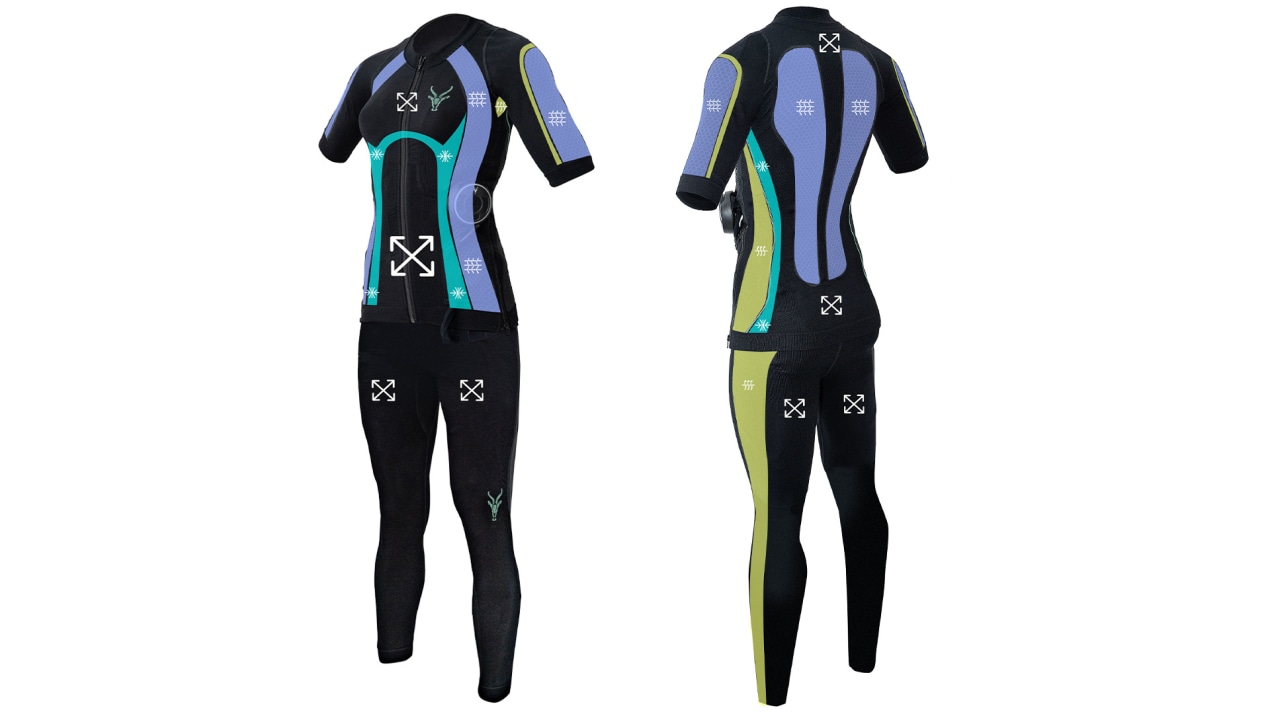 Graphic of the Antelope EMS suit for women with leggings. The front and back show where the functional zones are located in the suit.
