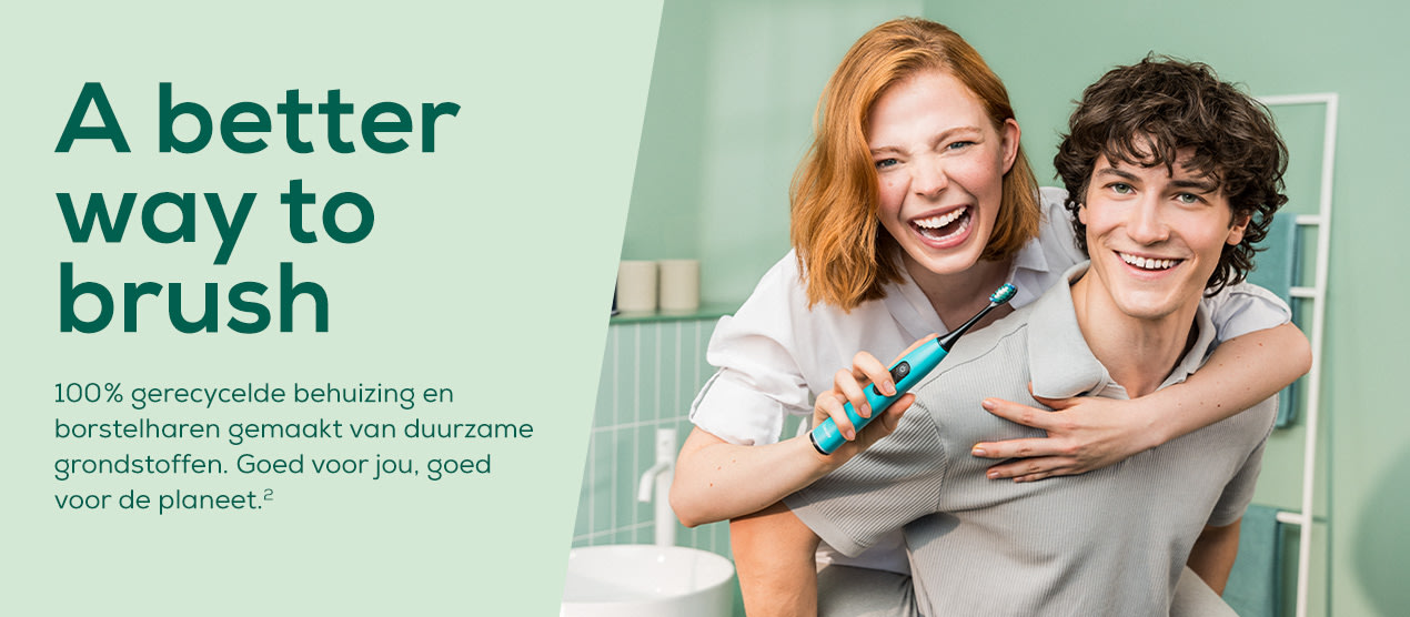 Beurer-banner voor de Dental Care-landingspagina: "A better way to brush – 100% gerecyclede behuizing en borstelharen van hernieuwbare grondstoffen. Goed voor jou – goed voor de planeet".