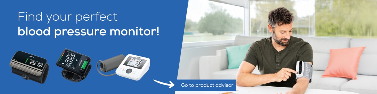 Product advisor blood pressure monitor banner. A man uses a blood pressure monitor.