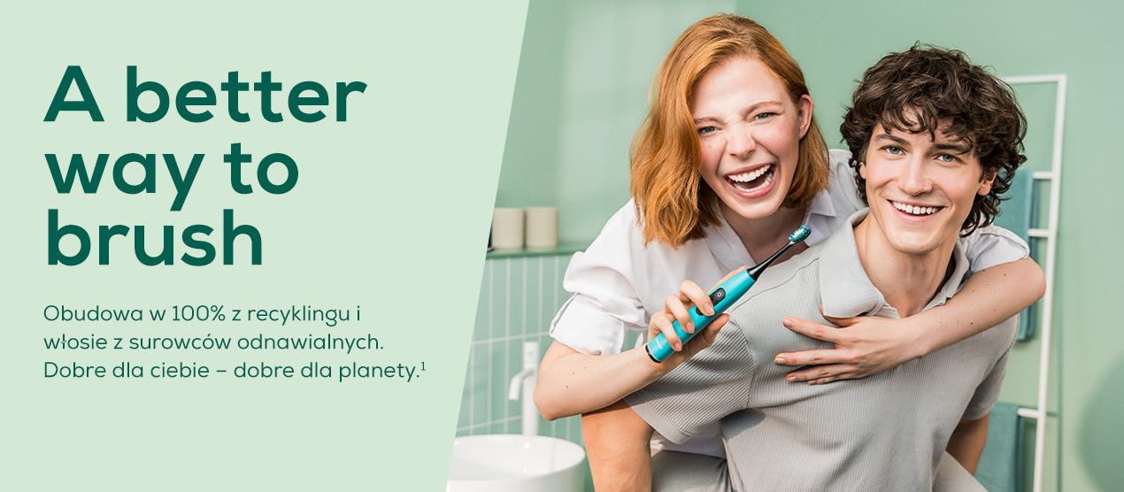 Baner Beurer na stronę Dental Care: "A better way to brush – obudowa w 100% z recyklingu i włosie z surowców odnawialnych. Dobre dla ciebie – dobre dla planety"