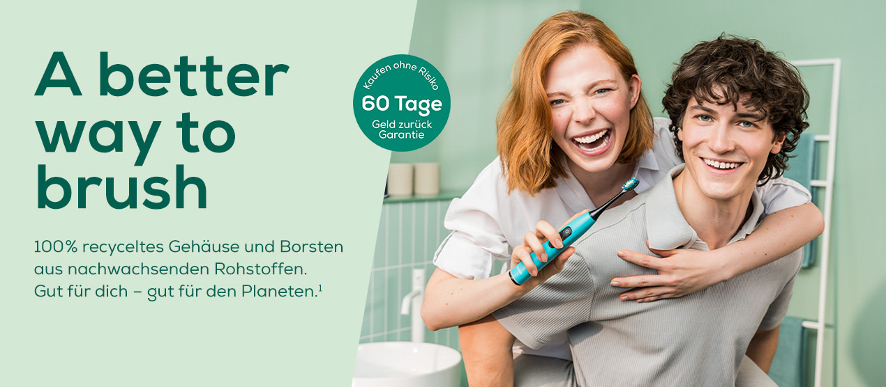 Beurer Banner für die Dental Care Landingpage "A better way to brush - 100% recyceltes Gehäuse und Borsten aus nachwachsenden Rohstoffen. Gut für dich - gut für den Planeten""