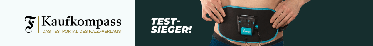 Banner mit dem F.A.Z. Kaufkompass Logo und dem Corefit 2 EMS-Gürtel.