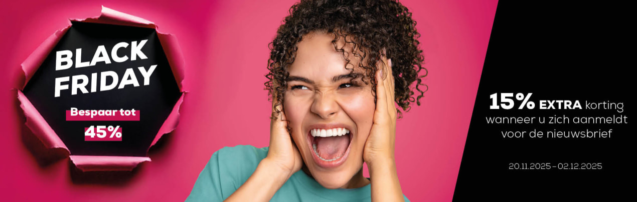 Banner voor de actiewebsite van Black Friday, Tekst: Bespaar tot 45%, 15% Extra op alles bij inschrijving voor de nieuwsbrief, 20-11-2025 - 02-12-2025