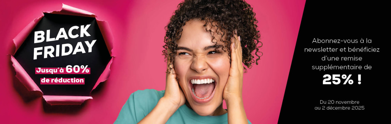 Bannière pour la page d'action du Black Friday, Texte : Économisez jusqu'à 60 %, 25 % supplémentaires sur tout avec l'inscription à la newsletter, 20.11.2025 - 02.12.2025