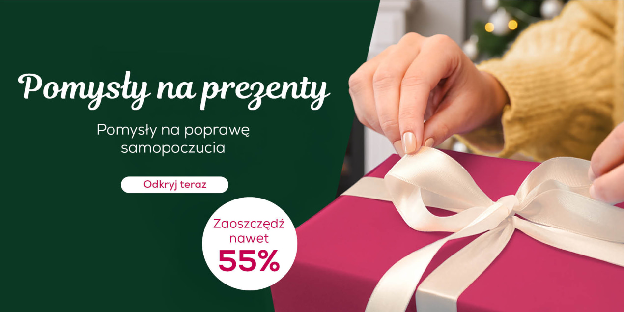 Banner na stronę promocyjną z okazji Pomysły na prezenty, Pomysły na lepsze samopoczucie, Odkryj teraz, Zaoszczędź nawet 55%, 04.12.2025 - 18.12.2025