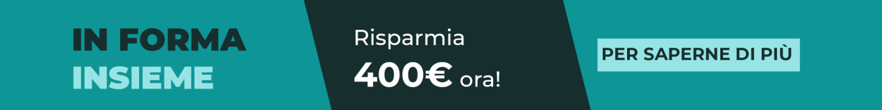 Banner promozionale con il testo ‘Diventa in forma insieme – Risparmia 400 € ora!’ e un pulsante con scritto ‘Scopri di più’.