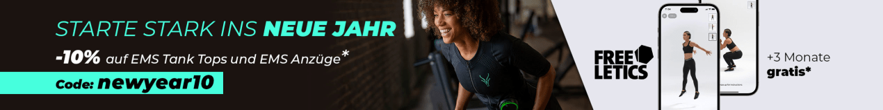Eine Frau trainiert im Gym mit Antelope EMS-Anzug, daneben Text: –10% auf EMS-Anzüge & Tank Tops, Code:newyear10 + Freeletics gratis